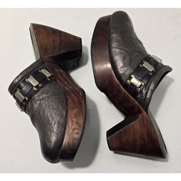 Calleen Cordero Distressed Leather Mule Clog Metallic Platform Wooden Heel SZ 8 - Picture 4 of 9